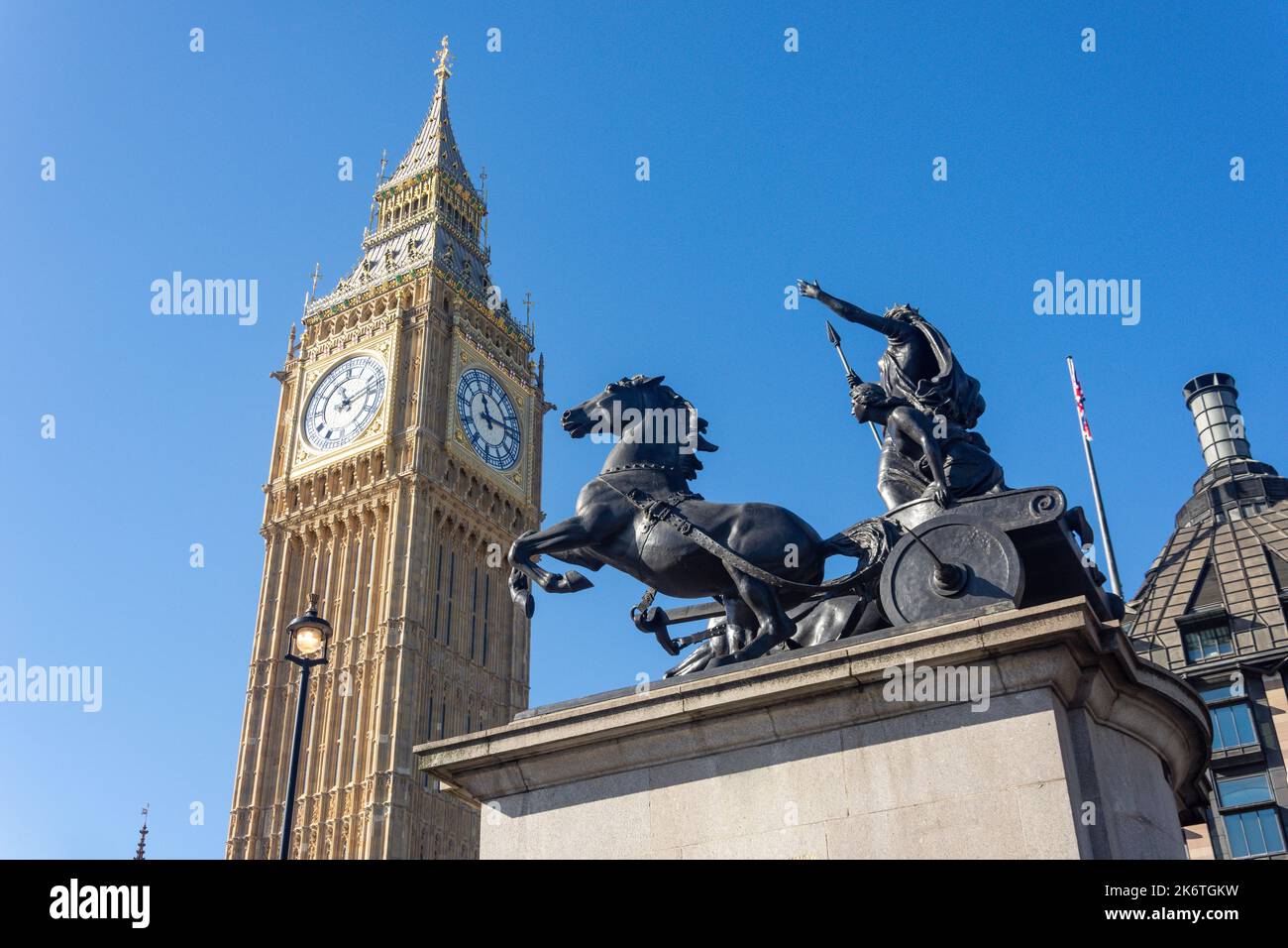 Big Ben clock tower and Boudicca Statue from Westminster Bridge, City of Westminster, Greater London, England, United Kingdom Stock Photo