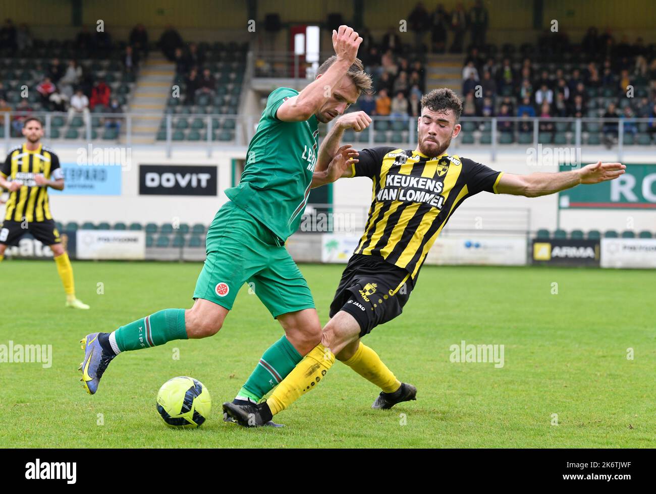 Virton's Jonas Vinck and Lierse's Brent Laes fight for the ball during a soccer match between Royal Excelsior Virton and Lierse Kempenzonen, Saturday 15 October 2022 in Virton, on day 9 of the 2022-2023 'Challenger Pro League' 1B second division of the Belgian championship. BELGA PHOTO JOHN THYS Credit: Belga News Agency/Alamy Live News Stock Photo