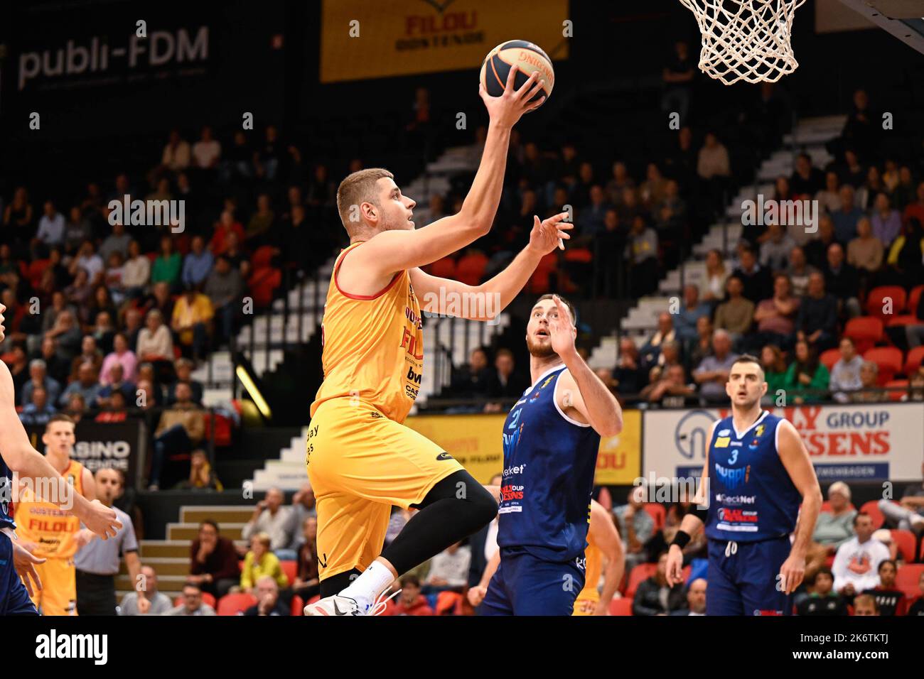 Oostende's Haris Bratanovic scores a goal during a basketball match between  BC Oostende and Okapi Aalst, Saturday 15 October 2022 in Oostende, on day  03 of the National Round Belgium in the '