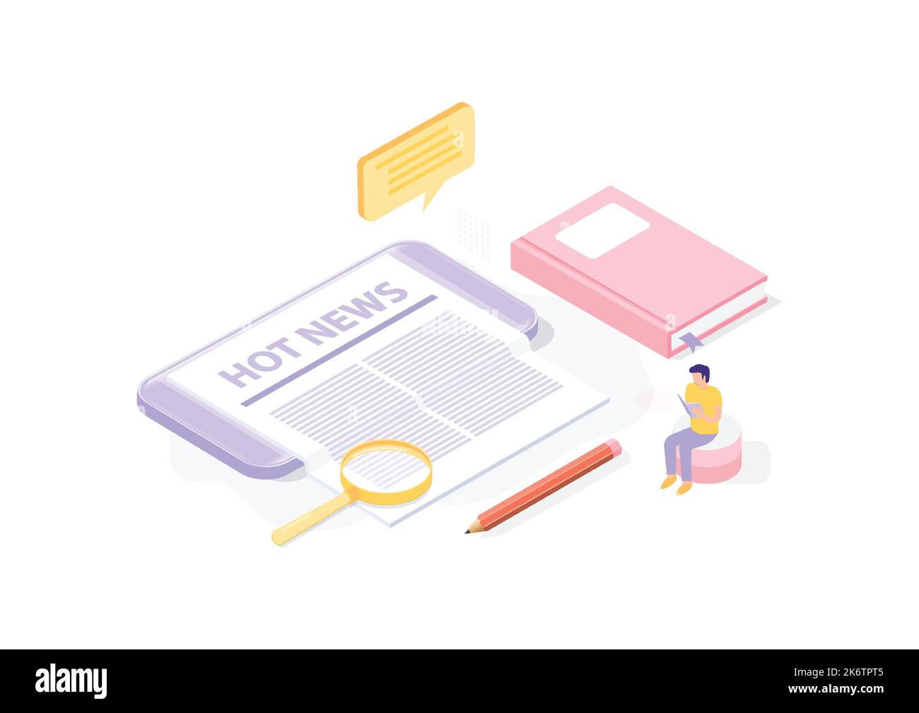 Conceptual template with newspaper on smartphone and magnifying glass. Scene for mobile application for reading news, subscription to newsletter. Stock Vector