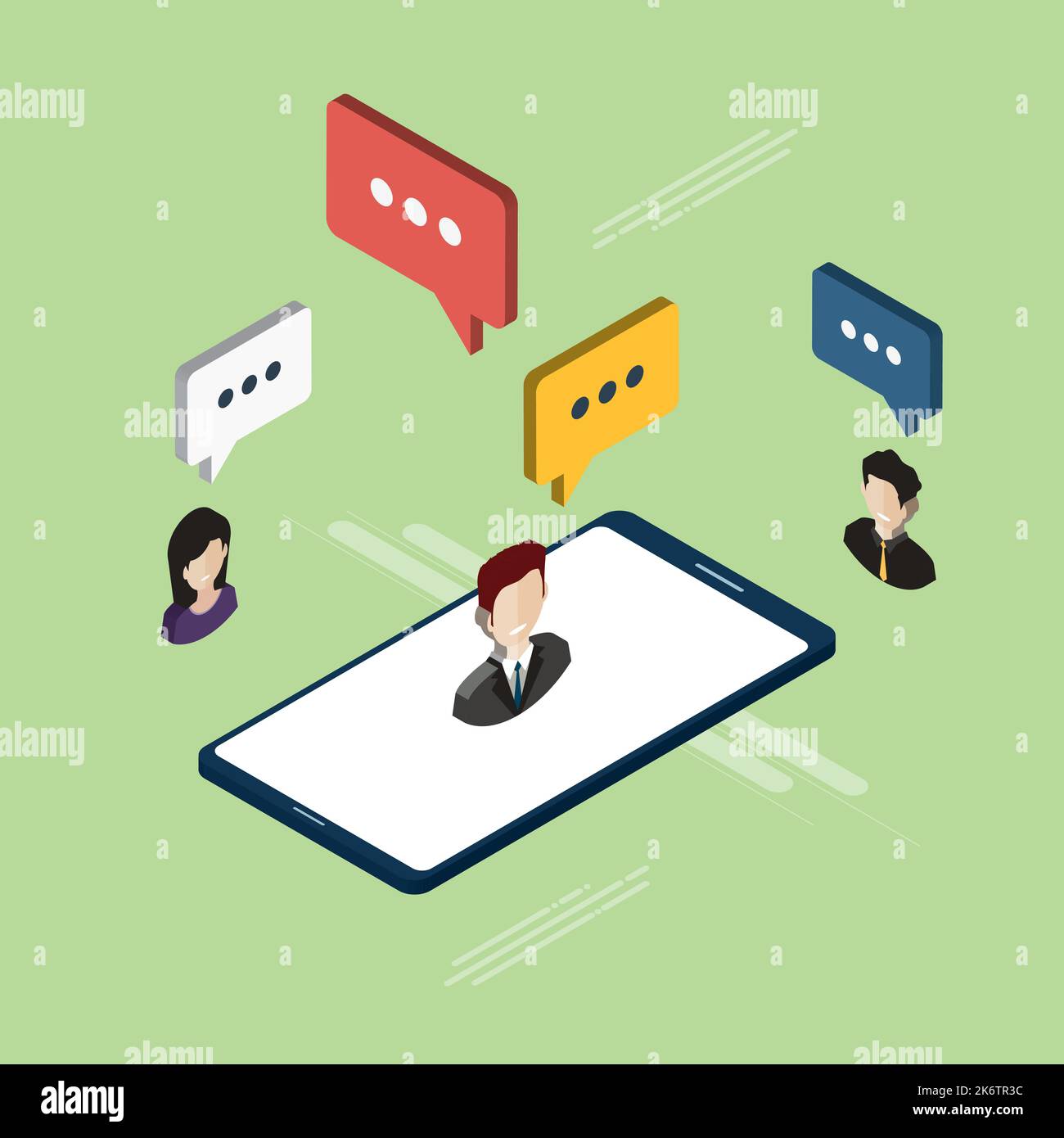 People in chat on mobile phone or smartphone on message app, dialogue with speech bubbles. Cellphone online messaging concept, social media. Icon set Stock Vector