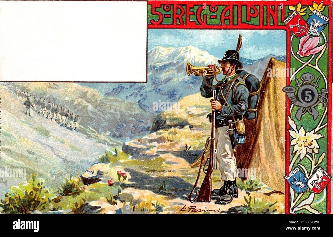 1905 , ITALY : A postcard with an italian military ALPINO trumpeter soldier of 5 REGGIMENTO ALPINI , BATTAGLIONI Morbegno , Edolo , Vestone and Tirano . Artwork by artist L. Pasini . - ALPINI - ALPINE - CARTOLINA POSTALE - PRIMA  GUERRA MONDIALE - First World War - Great War - WWI - miliari soldati italiani -  HISTORY - FOTO STORICHE - PROPAGANDA - ILLUSTRAZIONE - ILLUSTRATION - trombettiere ---  Archivio GBB Stock Photo