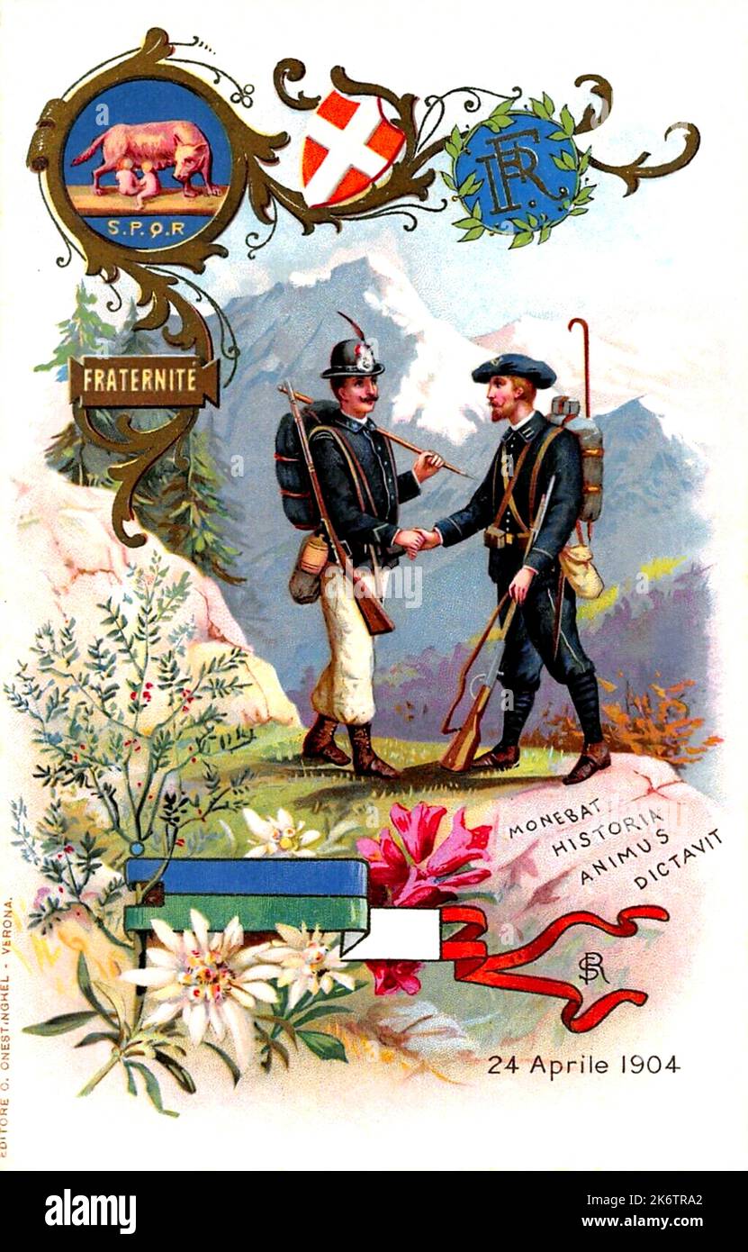 1904 , 24 april , ITALY : A postcard for the friendship of  italian military ALPINO and the similar french ALPINE ( Chasseur des Alpes ) meeting on the border Italy - France  . Artwork by unknown artist . - ALPINI - ALPINE - CARTOLINA POSTALE - PRIMA  GUERRA MONDIALE - First World War - Great War - WWI - miliari soldati italiani -  HISTORY - FOTO STORICHE - PROPAGANDA - ILLUSTRAZIONE - ILLUSTRATION - hand in hand - stretta di mano - amicizia - incontro - confine di stato ---  Archivio GBB Stock Photo