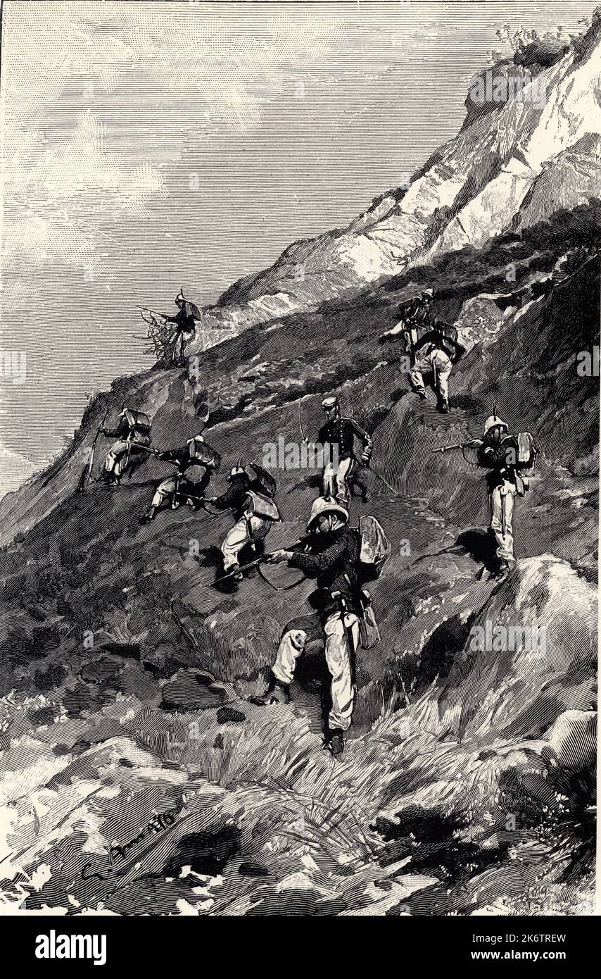 1870 ca , ITALY : The CACCIATORI DELLE ALPI troups during a mountain military exercise . From the Cacciatori delle Alpi born the ALPINI military troups in 1872.  Illustration by G. Amato for ' L'illustrazione italiana ' .- Unità d'Italia - RISORGIMENTO  - batte - ITALIA - FOTO STORICHE - HISTORY - GEOGRAFIA - GEOGRAPHY - ALPINI - ALPINO - Italian ALPINE ---  Archivio GBB Stock Photo