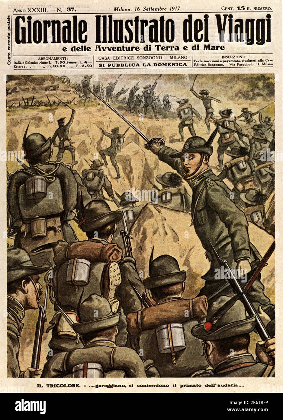 1917 , ITALY : The italian military ALPINI troups  at war during WWI . Cover of italian magazine GIORNALE ILLUSTRATO DEI VIAGGI , 16 september 1917 . Artwork by unknown artist . - ALPINI - ALPINE - ALPINO - PRIMA  GUERRA MONDIALE - First World War - Great War - WWI - miliari soldati italiani -  HISTORY - FOTO STORICHE - PROPAGANDA - ILLUSTRAZIONE - ILLUSTRATION  - copertina rivista giornale illustrato - battaglia - battle - attacco ---  Archivio GBB Stock Photo