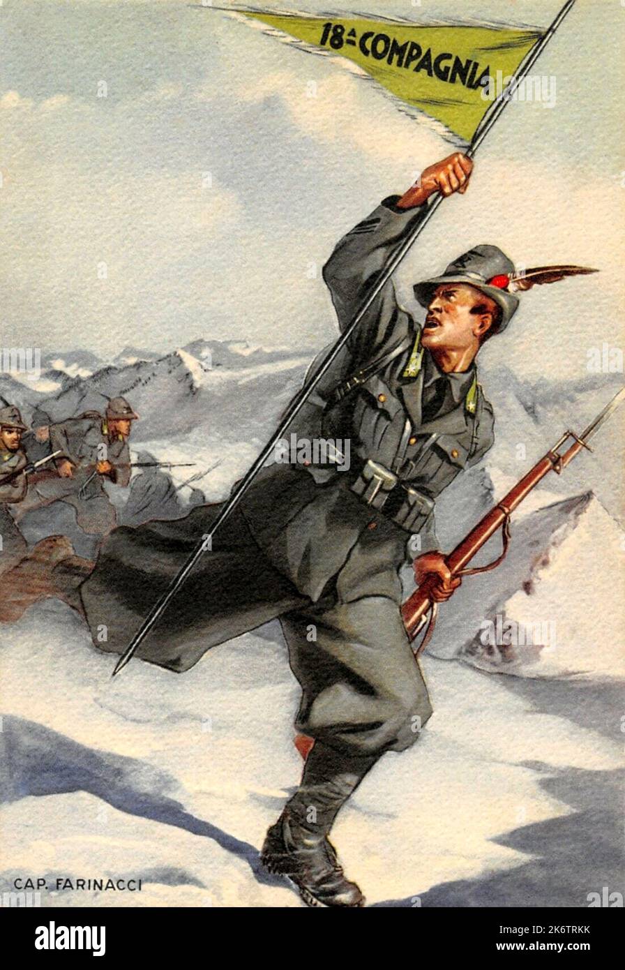 1940's ca , ITALY : A postcard italian military ALPINI soldiers ( of 18 ma COMPAGNIA ) with Captain ARMANDO FARINACCI ( brotheer of fascist criminal Roberto Farinacci the Ras of Cremona ) idealized during an assault in the snow mountain in WWII FASCIST years . During the period of fascist propaganda, the Alpine is represented as a Super Hero with great physical strength, exalting his tenacity, unshakable faith in the cause and sacrifice.  Artwork by unknown illustrator . - ALPINO - ALPINE - ALPINI - CARTOLINA POSTALE - SECONDA  GUERRA MONDIALE - Second World War 2nd  - miliari soldati italiani Stock Photo