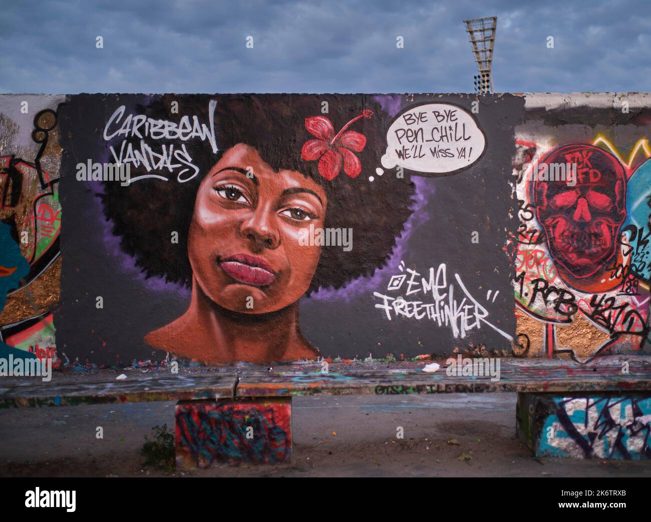 Germany, Berlin, 26. 09. 2021, Mauerpark, Sunday afternoon, woman's head, Caribbean Vandals, Bye Bye Pen Chill, we'll miss ya!, by streetart artist Stock Photo