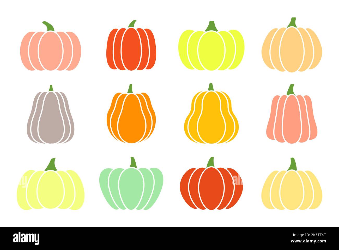 Pumpkin flat icons set. Sign kit of halloween. Thanksgiving pictogram collection farm harvest, closeup squash, vegetable. Simple pumpkin cartoon colorful icon symbol isolated white Vector Illustration Stock Vector