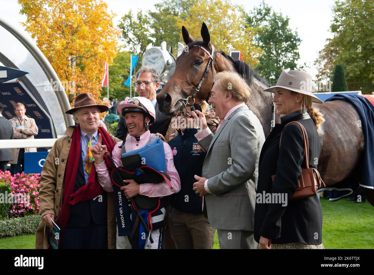 Ascot, Berkshire, UK. 15th October, 2022. Horse Emily Upjohn ridden by jockey Frankie Dettori wins the QIPCO British Champions Filles and Mares Stakes (Class 1) (Group 1) (British Champions Series). Owner Lord Andrew Lloyd Webber. Trainer John and Thandy Gosden, Newmarket. Breeder Lordship Stud and Sunderland Holding Inc2. Credit: Maureen McLean/Alamy Live News Stock Photo