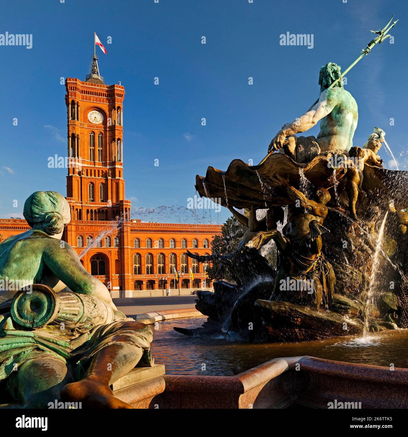 Neptune Fountain and Red City Hall in the evening light, Berlin Mitte, Berlin, Germany Stock Photo