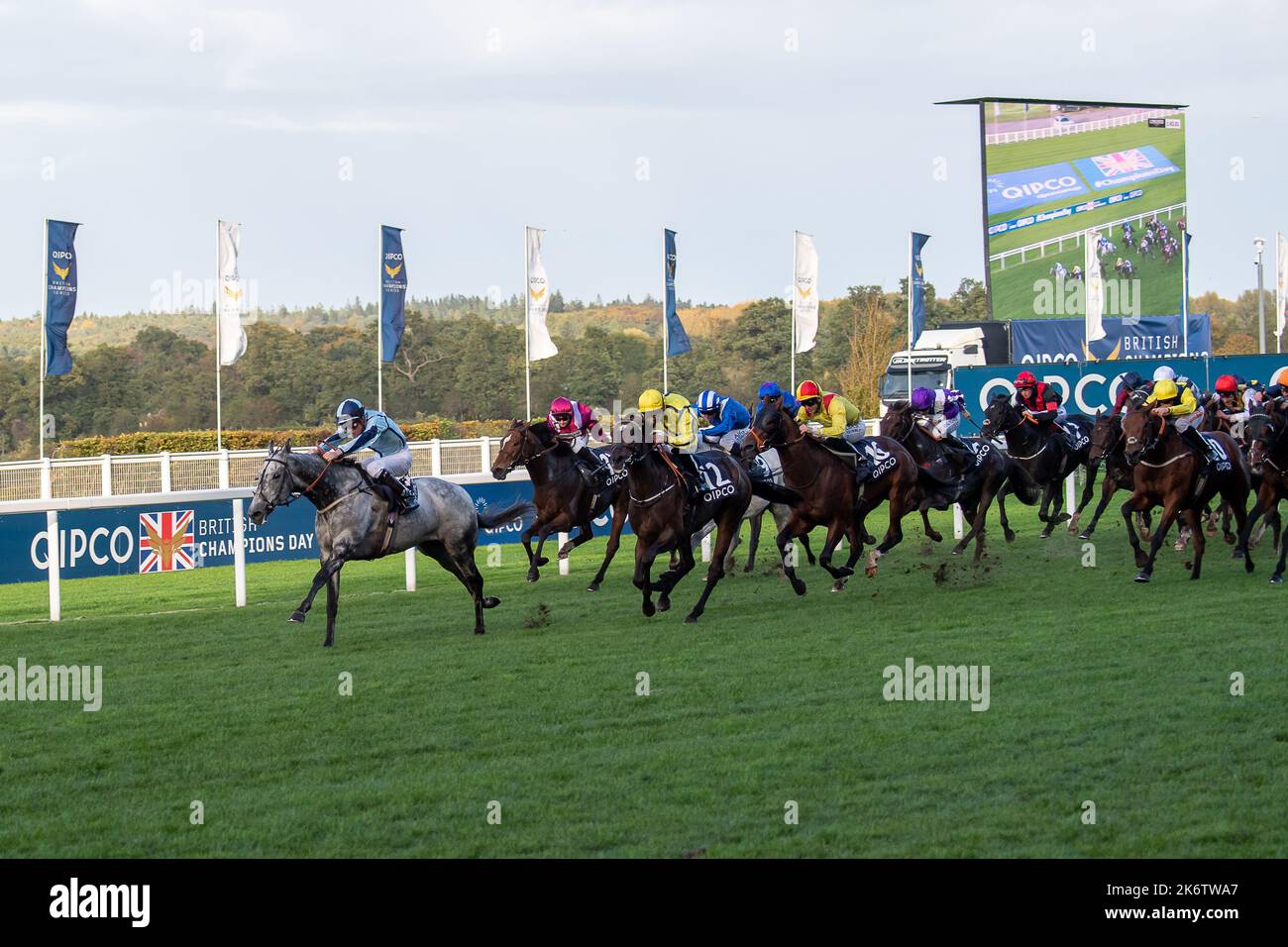 Ascot, Berkshire, UK. 15th October, 2022. Horse Shelir ridden by jockey Jason Watson wins the Balmoral Handicap Stakes (Class 2) Race at the QIPCO British Champions Day at Ascot Racecourse. Owner Akela Thoroughbreds Ltd. Trainer David O'Meara, Upper Helmsley. Breeder HH The Aga Khan's Studs SC2. Sponsor Akela Plant Hire Ltd. Credit: Maureen McLean/Alamy Live News Stock Photo