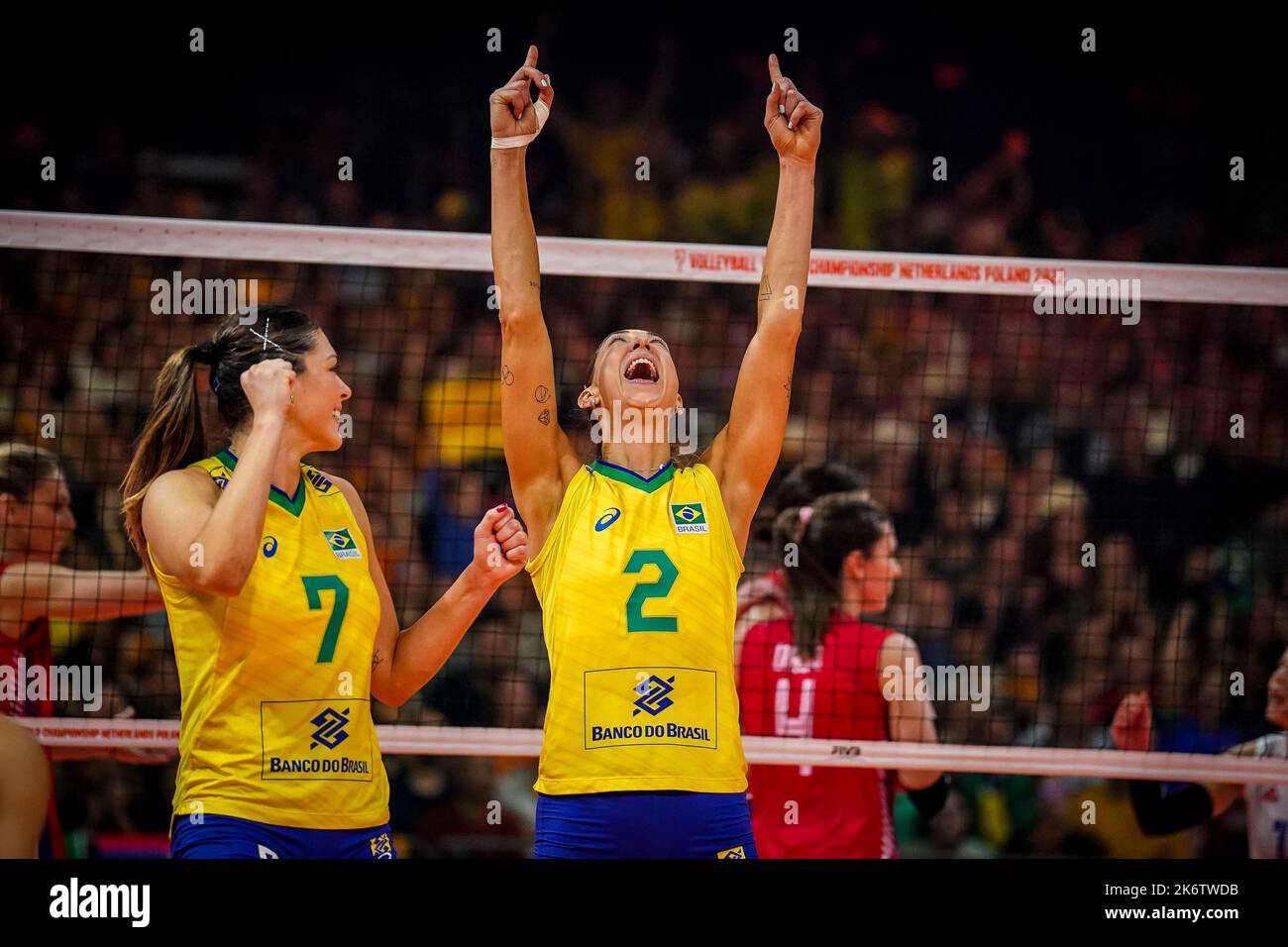 Apeldoorn, Netherlands. 15th Oct, 2022. APELDOORN, NETHERLANDS - OCTOBER 15: Rosamaria Montibeller of Brazil and Caroline De Oliveira Saad Gattaz of Brazil celebrate a point during the Final match between Brazil and Serbia on Day 20 of the FIVB Volleyball Womens World Championship 2022 at the Omnisport Apeldoorn on October 15, 2022 in Apeldoorn, Netherlands (Photo by Rene Nijhuis/Orange Pictures) Credit: Orange Pics BV/Alamy Live News Stock Photo