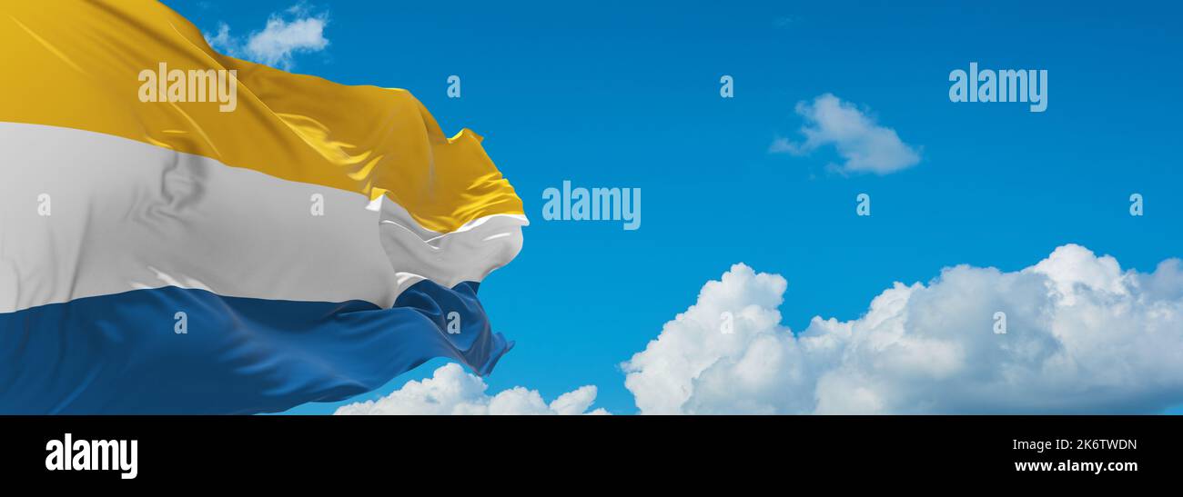 flag of Baltic Finns Tornedalians at cloudy sky background, panoramic view. flag representing ethnic group or culture, regional authorities. copy spac Stock Photo