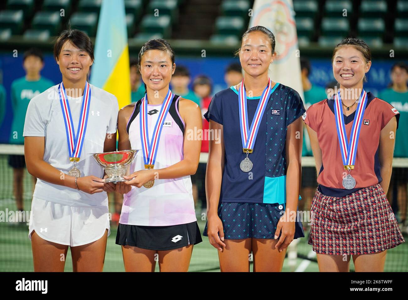 Osaka, Japan. 15th Oct, 2022. (L-R) Yu-Yun Li (TPE), Sara Saito (JPN), Sayaka Ishii (JPN), Hayu Kinoshita (JPN), October 15, 2022 - Tennis : Girls' Doubles Victory Ceremony at ITC Utsubo Tennis Center during Osaka Mayor's Cup World Super Junior Tennis Championships 2022 in Osaka, Japan. Credit: SportsPressJP/AFLO/Alamy Live News Stock Photo