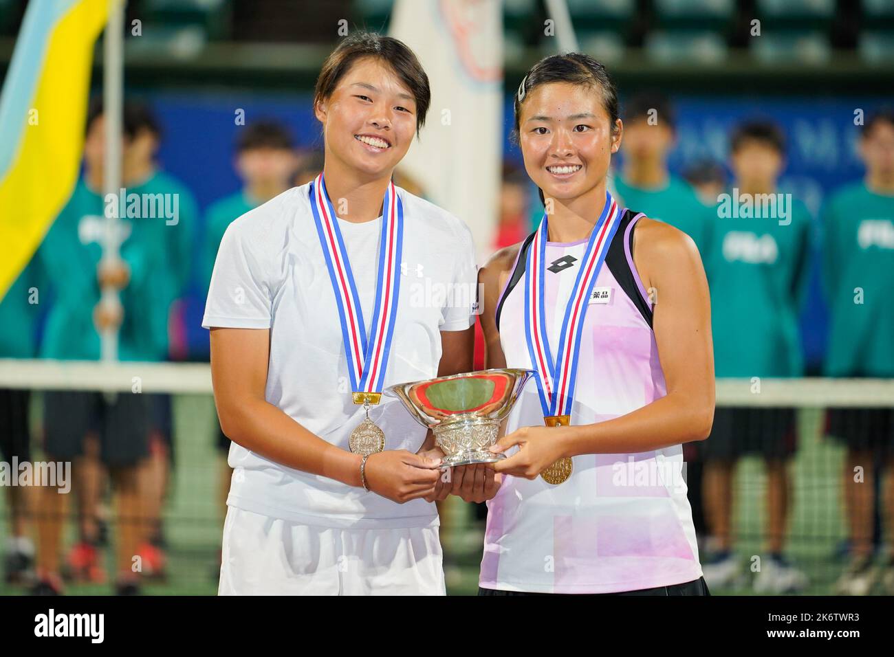 Osaka, Japan. 15th Oct, 2022. (L-R) Yu-Yun Li (TPE), Sara Saito (JPN), October 15, 2022 - Tennis : Girls' Doubles Victory Ceremony at ITC Utsubo Tennis Center during Osaka Mayor's Cup World Super Junior Tennis Championships 2022 in Osaka, Japan. Credit: SportsPressJP/AFLO/Alamy Live News Stock Photo