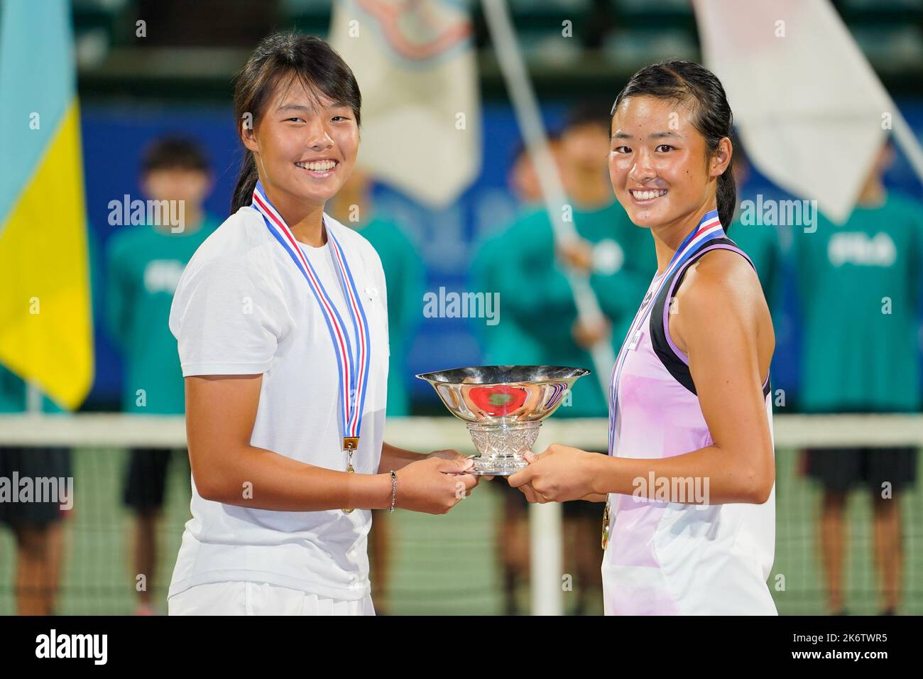 Osaka, Japan. 15th Oct, 2022. (L-R) Yu-Yun Li (TPE), Sara Saito (JPN), October 15, 2022 - Tennis : Girls' Doubles Victory Ceremony at ITC Utsubo Tennis Center during Osaka Mayor's Cup World Super Junior Tennis Championships 2022 in Osaka, Japan. Credit: SportsPressJP/AFLO/Alamy Live News Stock Photo