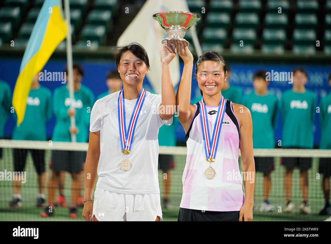 Osaka, Japan. 15th Oct, 2022. (L-R) Yu-Yun Li (TPE), Sara Saito (JPN), October 15, 2022 - Tennis : Girls' Doubles Victory Ceremony at ITC Utsubo Tennis Center during Osaka Mayor's Cup World Super Junior Tennis Championships 2022 in Osaka, Japan. Credit: SportsPressJP/AFLO/Alamy Live News Stock Photo