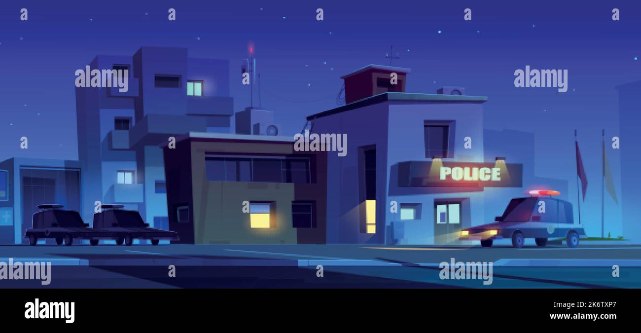 Police station building and patrol cars on parking at night. City 