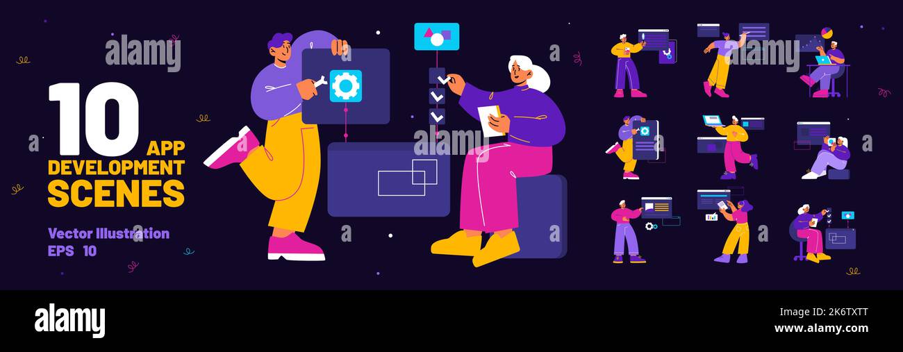 Scenes of mobile and web app development with people developers with laptops programming application, computer software, digital interfaces, vector fl Stock Vector