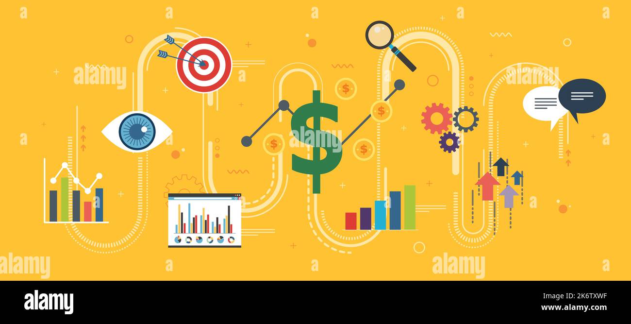 Growth chart, startup sucess and money profit. Business, growth, chart and finance icons. Startup and sucess growth internet banner concept in flat de Stock Vector