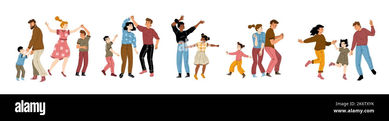Set of parents dancing with children. Flat vector illustration of ...