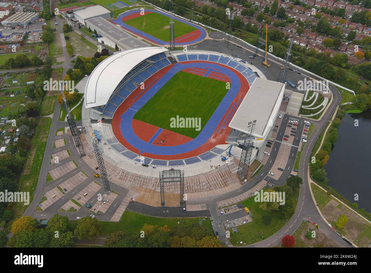 A general overall aerial view of the track at Alexander Stadium, Monday ...