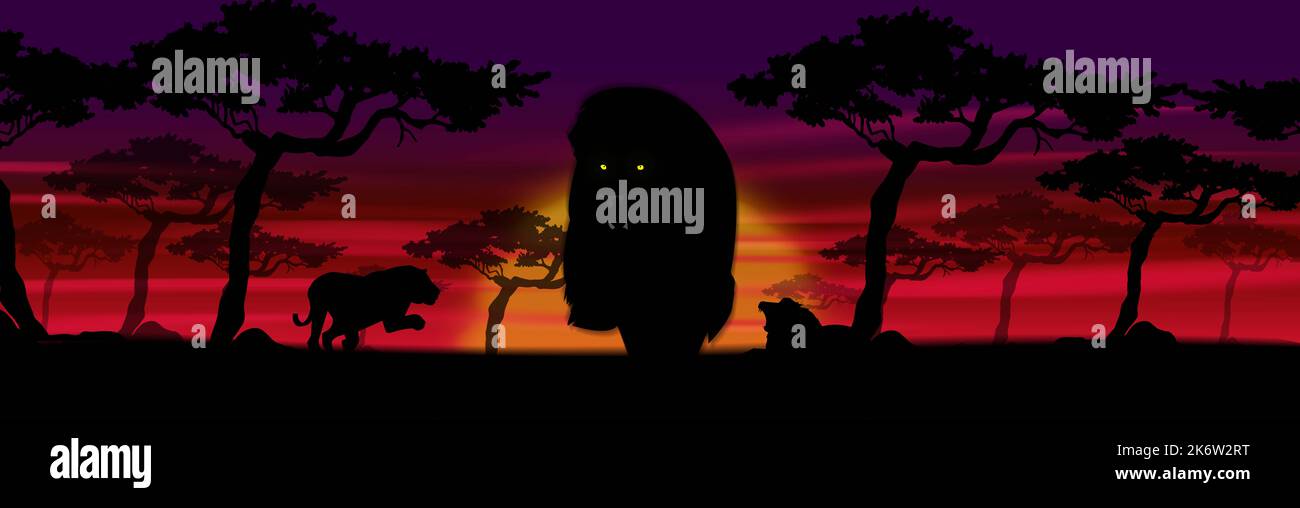 illustration sunset savannah background with silhouettes of lions Stock