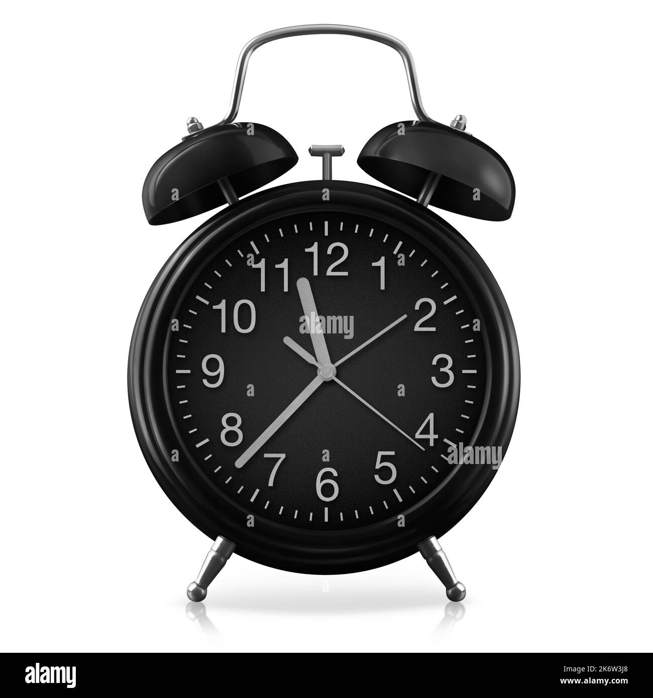 classic bell alarm clock, isolated on white background, black metal