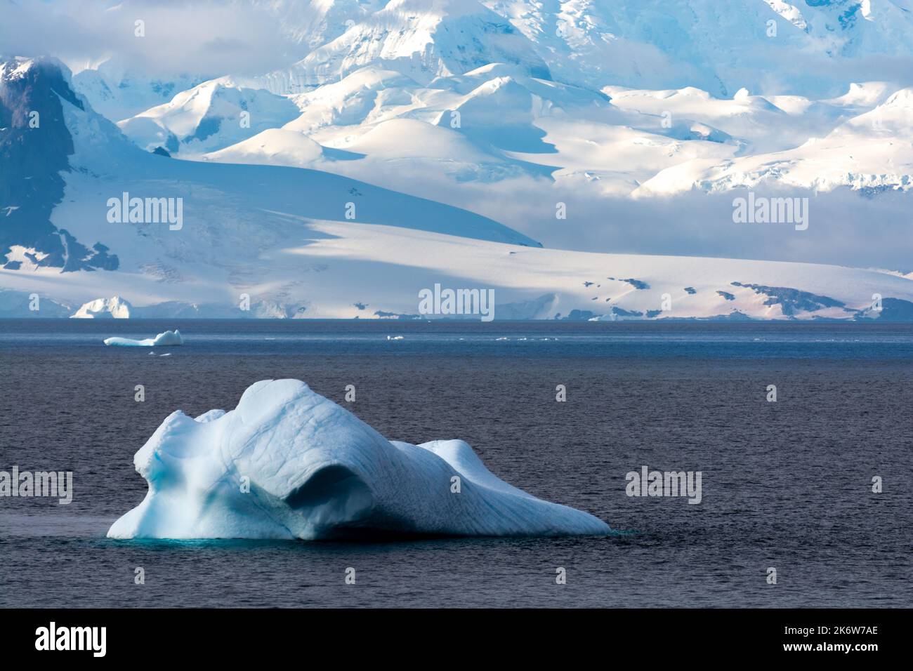 interesting shaped iceberg in dallmann bay with snow covered mountain ...