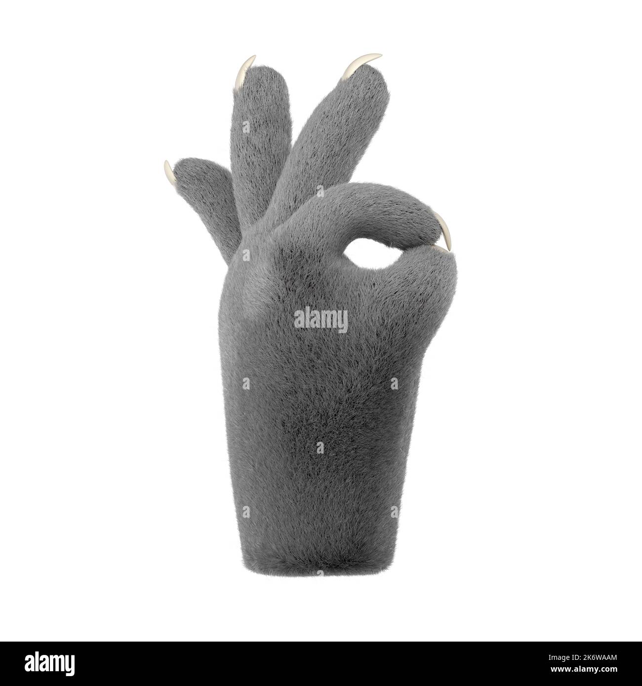 3d furry wolf hands in plastic cartoon style. Ok fingers gesture