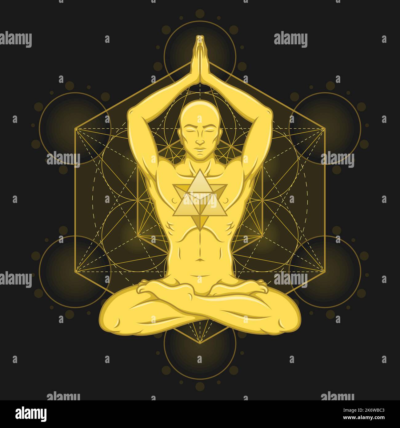 Vector design of Man Meditating in lotus position with and Merkaba, man doing yoga and metatron figure in the background Stock Vector