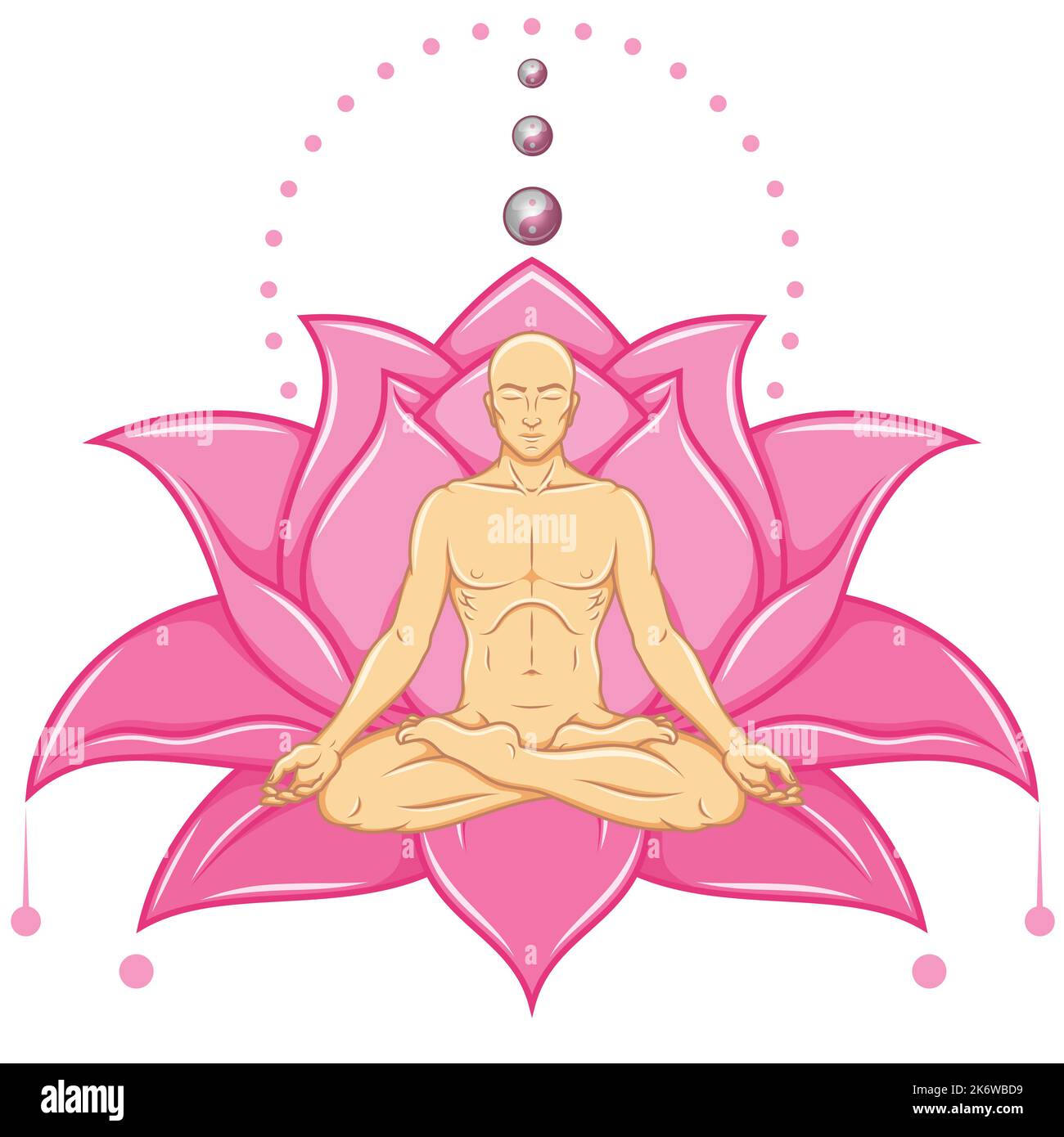 Vector design of Man Meditating in lotus position, man doing yoga and lotus flower in background Stock Vector
