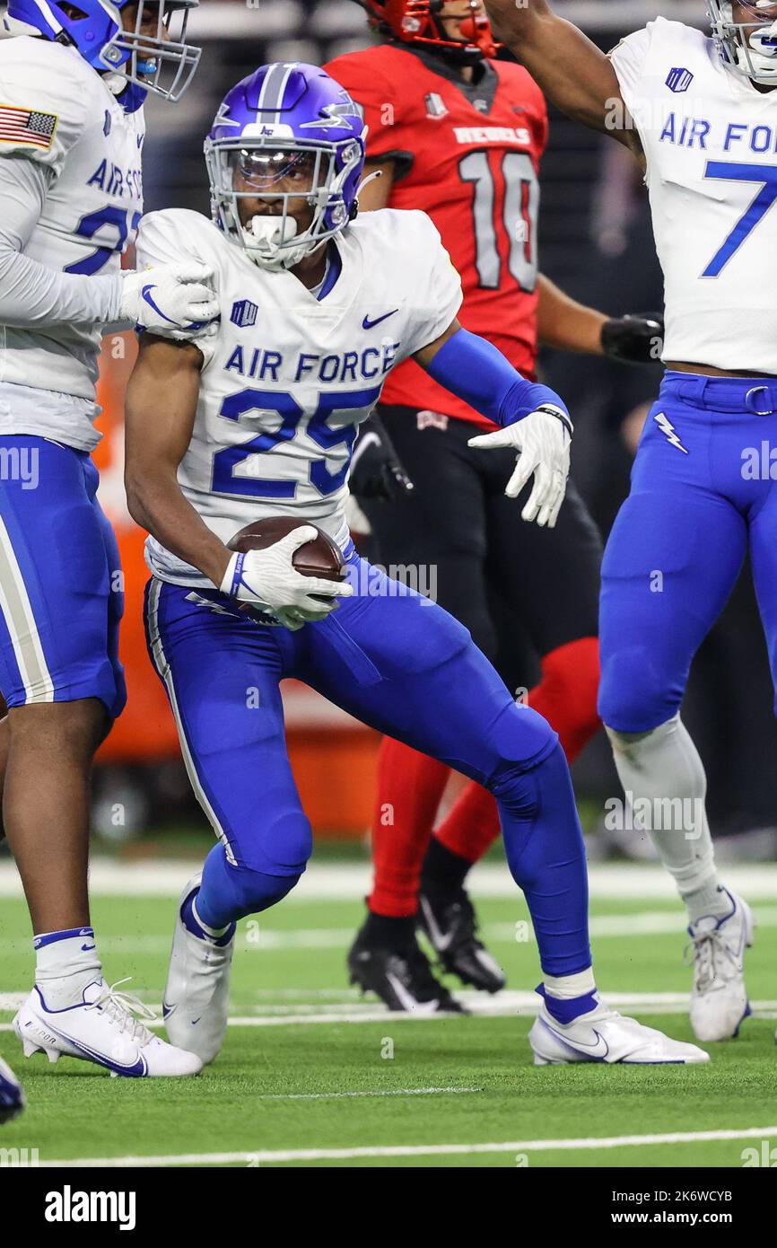 Las Vegas, NV, USA. 15th Oct, 2022. Jamari Bellamy (25) celebrates after an interception during the second half of the college football game featuring the Air Force Falcons and the UNLV Rebels at Allegiant Stadium in Las Vegas, NV. The Air Force Falcons defeated the UNLV Rebels 42 to 7. Christopher Trim/CSM/Alamy Live News Stock Photo