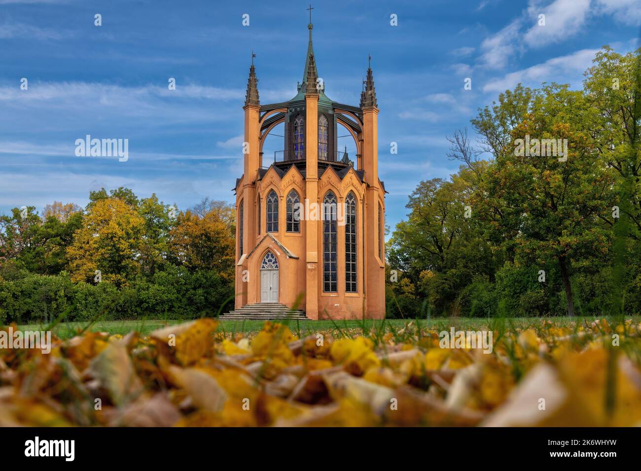 Neo-Gothic temple from 1793 - autumn in the park of the state chateau Krásný Dvůr near Louny - Czech Republic, Europe. - Stock Image