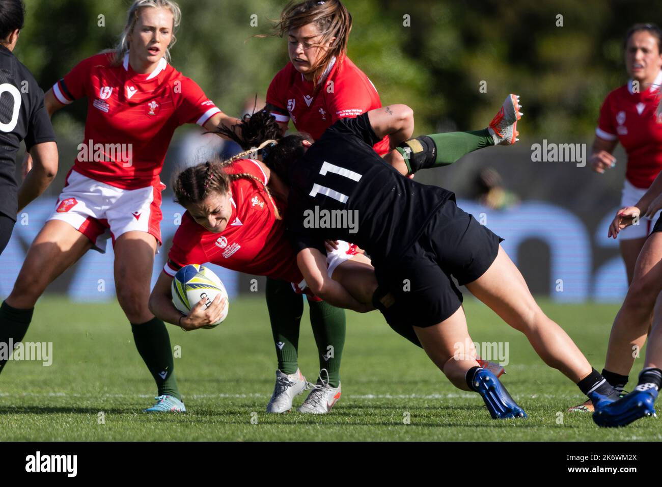 Wales' Jasmine Joyce is tackled by New Zealand's Portia Woodman during the Women's Rugby World Cup pool A match at Waitakere Stadium, Auckland, New Zealand. Picture date: Sunday October 16, 2022. Stock Photo