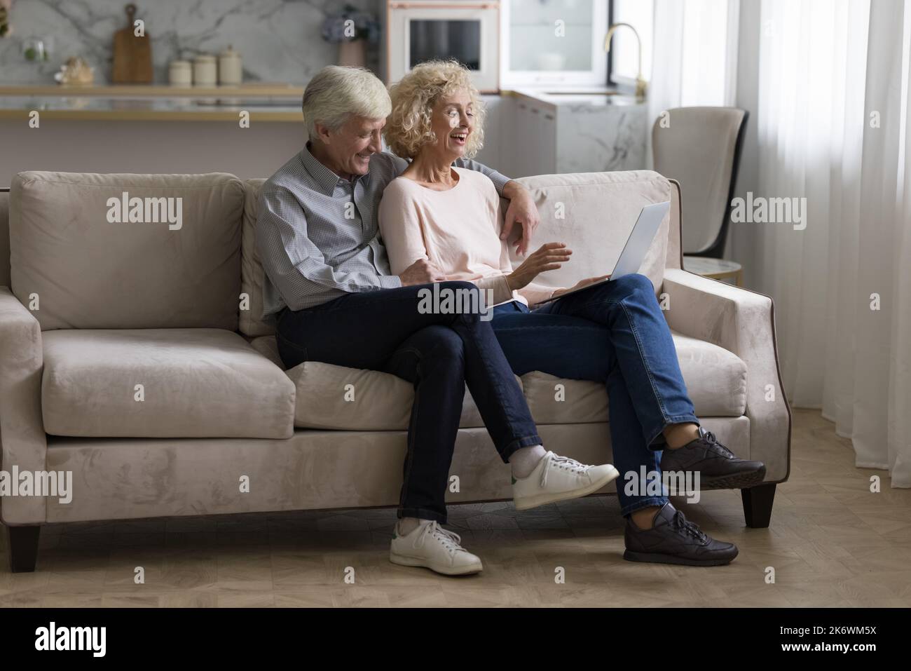 Happy retired spouses spend leisure using laptop Stock Photo