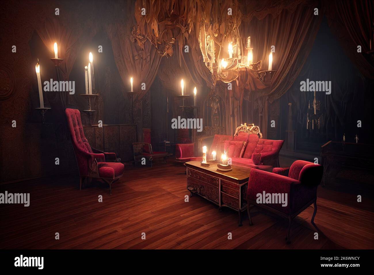 Gothic atmosphere inside of an ancient vampire castle living room with table, sofa and lounge