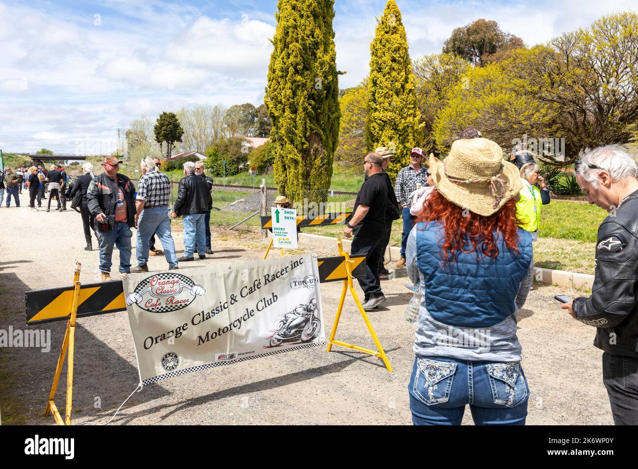 Millthorpe historic village town in New South Wales, Orange motorcycle club event show for classic and cafe racer motorcycles,NSW,Australia woman Stock Photo