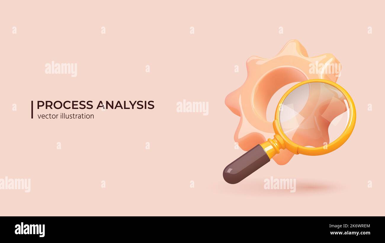Business Analysis 3D Concept. Measuring, Testing and Comparing business process, Cogwheel with Magnifying Glass for Performance metrics to bests. 3D Vector illustration in cartoon minimal style. Stock Vector