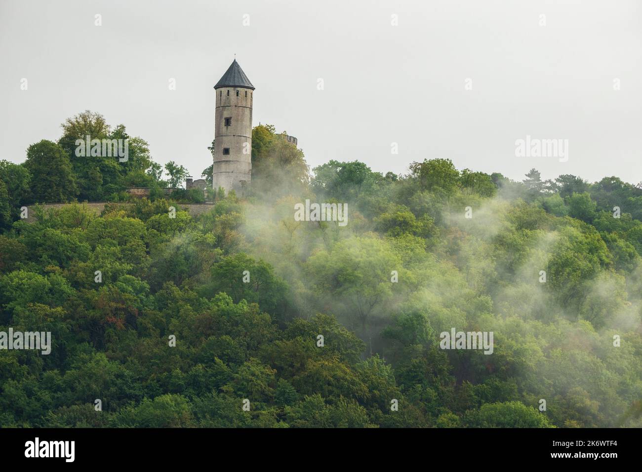 Burgurine on wooded mountain with rising rain clouds, Plesse Castle Stock Photo