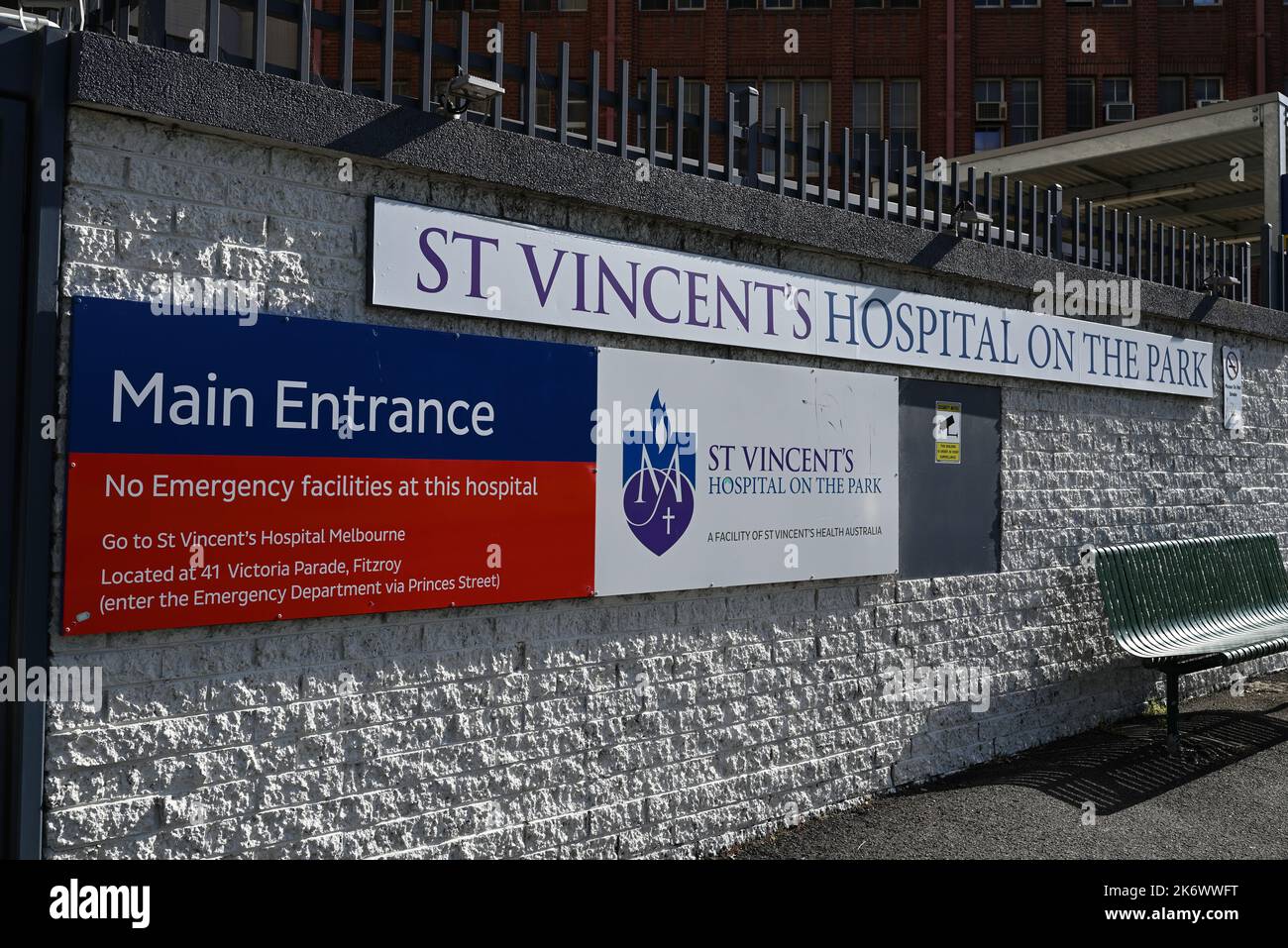 Signage at the main entrance to the new St Vincent's Hospital on the Park, on Cathedral Pl, near Fitzroy Gardens Stock Photo