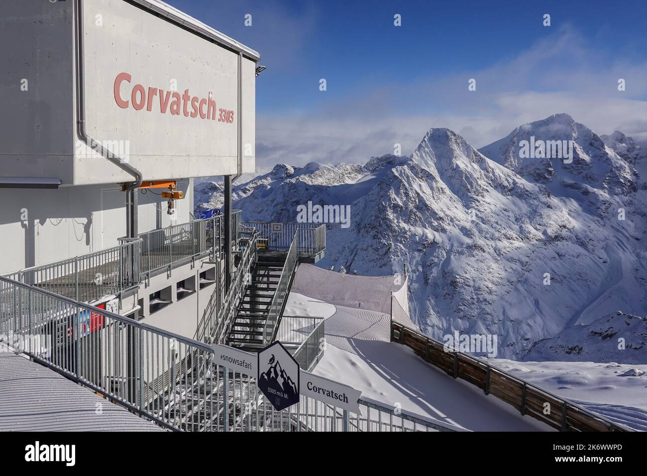 Corvatsch, Switzerland - December 05 2021: View of the Corvatsch cable car Bergstation that stands at 3303m in the Swiss alps in Canton Graubunden Stock Photo