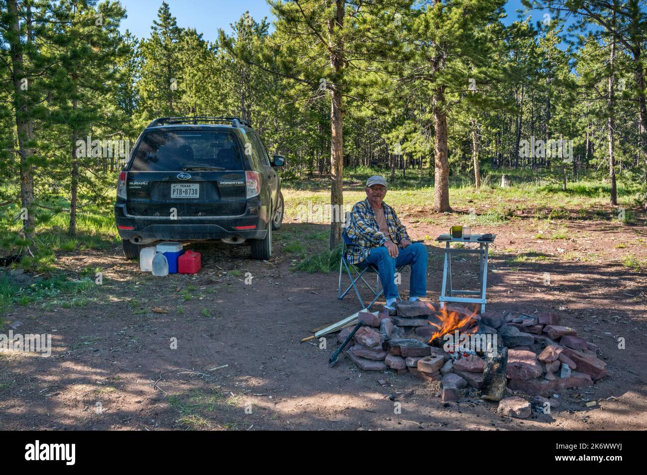 Camper at fire ring, campsite near Ute Mountain Trailhead and Browne Lake, Uinta Range, Ashley National Forest, Utah, USA Stock Photo