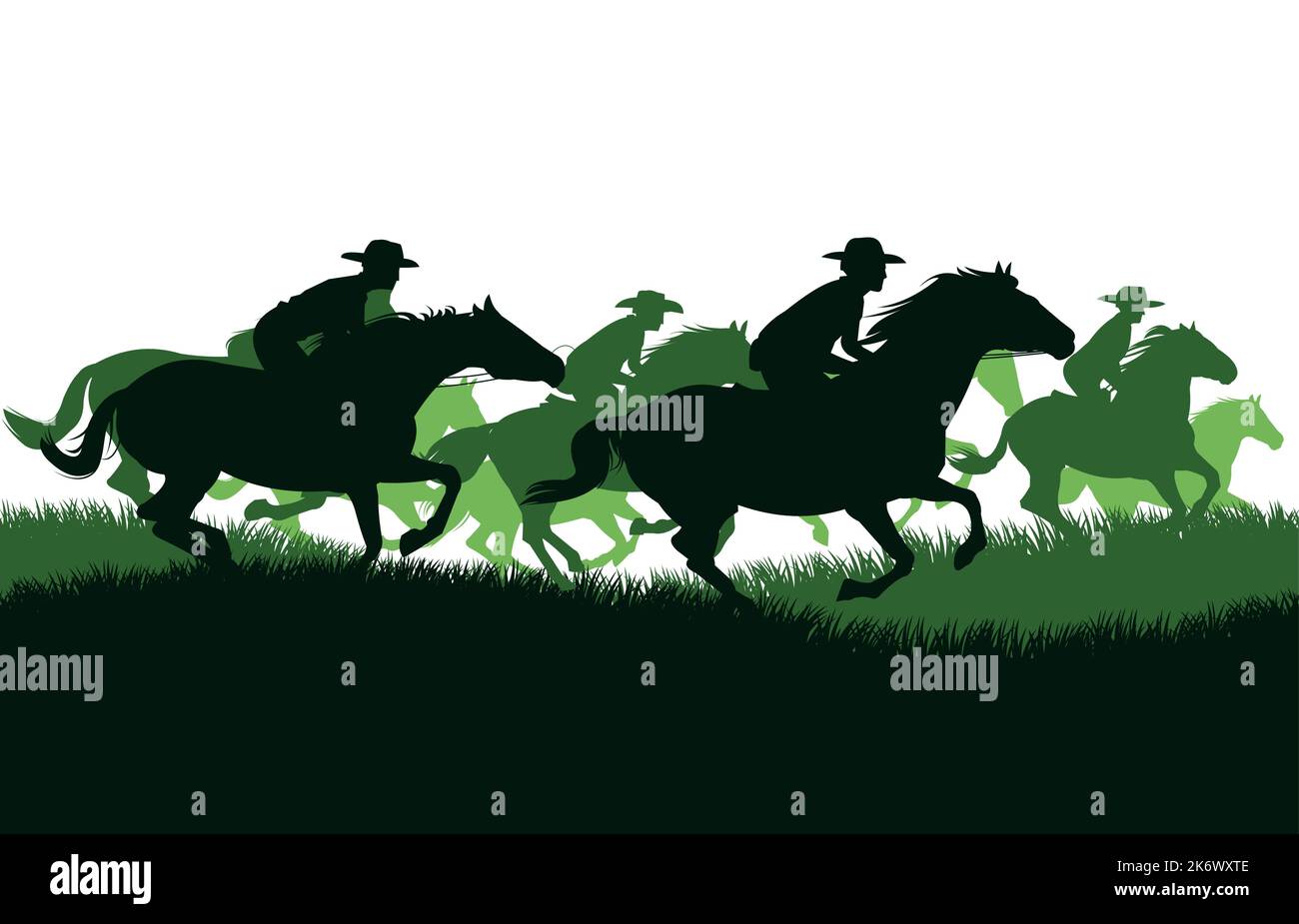 Cowboys ride horses on meadow hills. Picture silhouette. Riders on