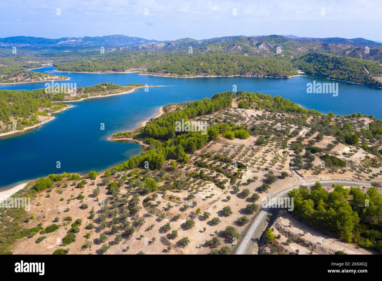 Aerial view of Gadouras Dam. Solving the important and crucial water supply problems. Rhodes island, Greece. Stock Photo