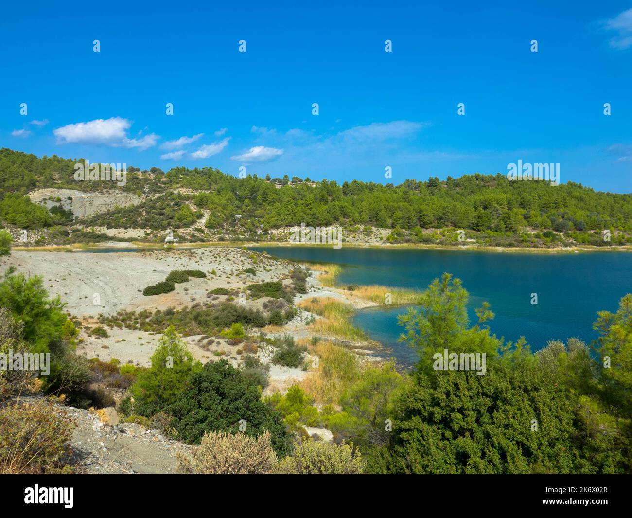 Panoramic view of Gadouras Dam. Solving the important and crucial water supply problems. Near the villages of Lardos and Laerma. Rhodes, Greece Stock Photo