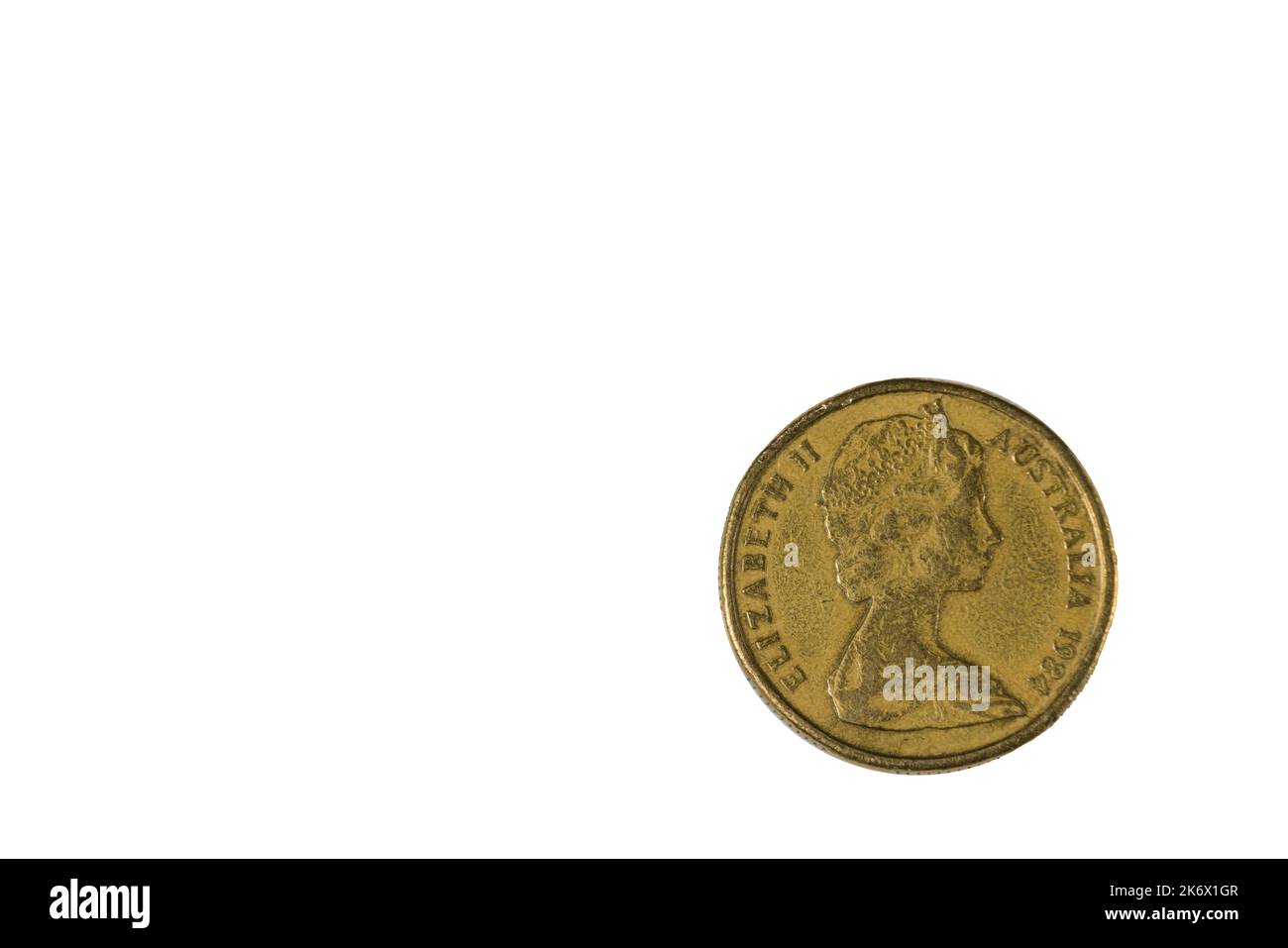 Close-up view of reverse side of 1984 Australian two dollar coin depicting Elizabeth II. Numismatic concept. Stock Photo