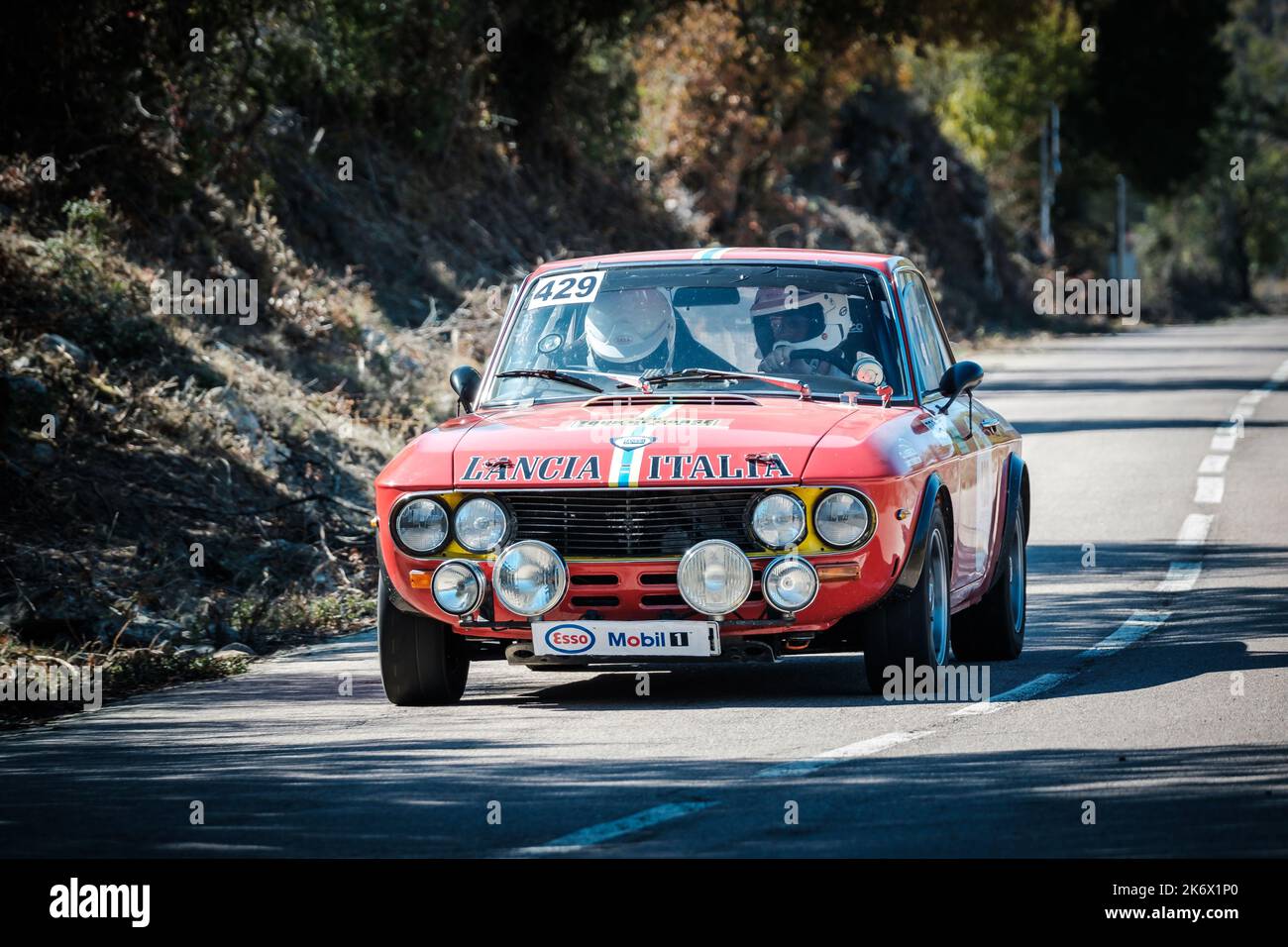 Novella, Corsica, France - 7th October 2022: Karsten Wohlenberg and Patricia Leidig compete in their Lancia Fulvia in the 2022 Tour de Corse Historiqu Stock Photo