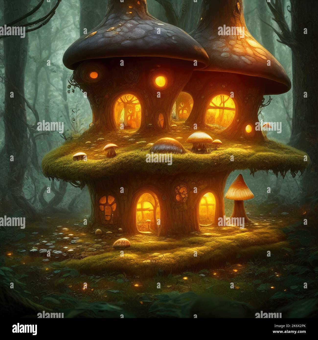 Magical Fantasy Fairy Tale Scenery Of Tree House At Night In A Forest