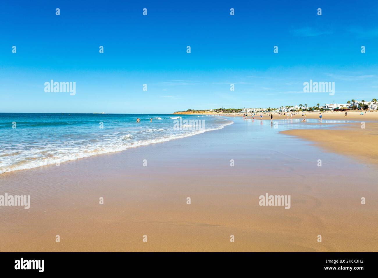 View of sandy beach Playa de la Barrosa, Cadiz, Spain Stock Photo